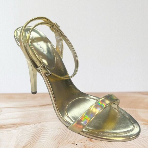 BCBG Gold Iridescent Open Toe Heels - Picture 1 of 6